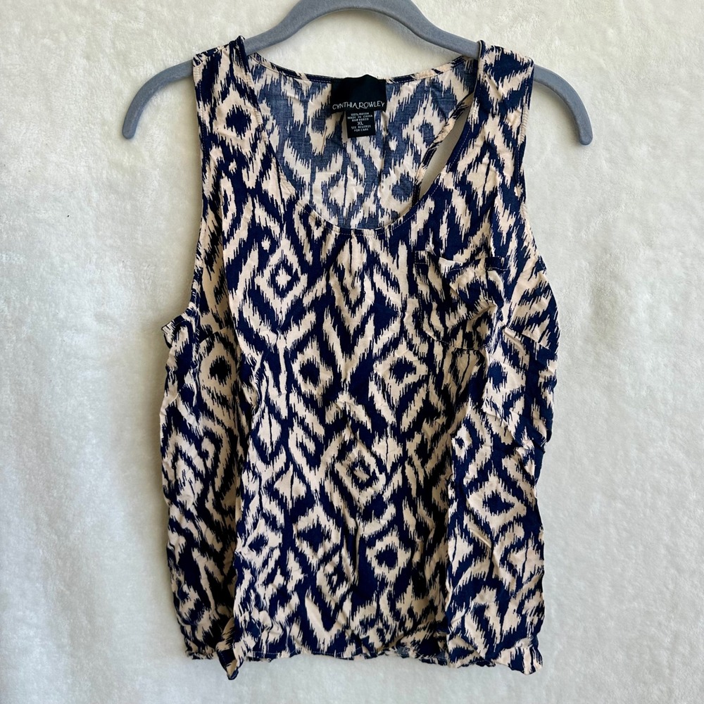 Cynthia Rowley Cream Navy Blue Ikat Print Racerback Tank Top Size XL